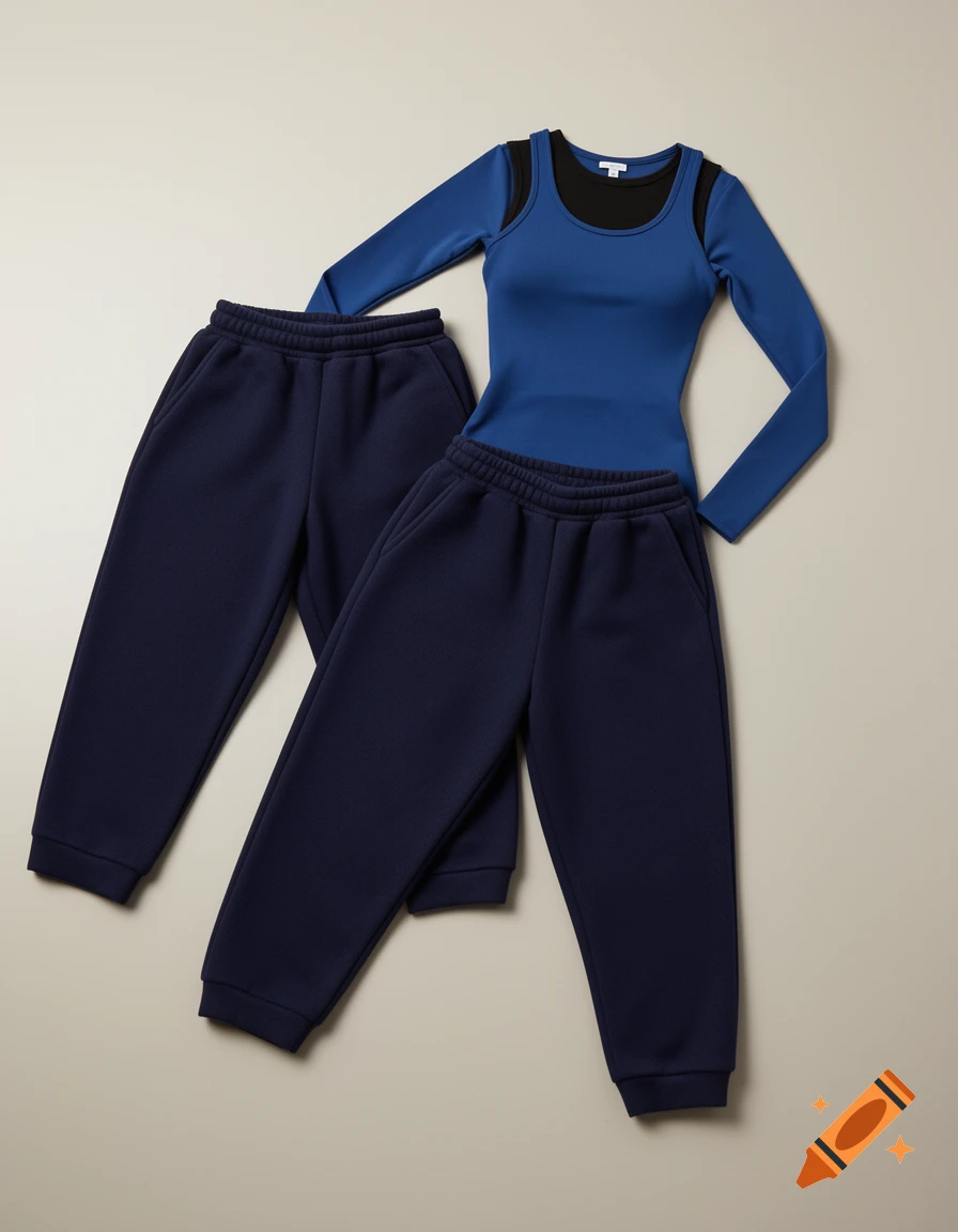 Blue long-sleeve top layered over a black tank top, with two pairs of navy blue sweatpants, laid flat on a light background.