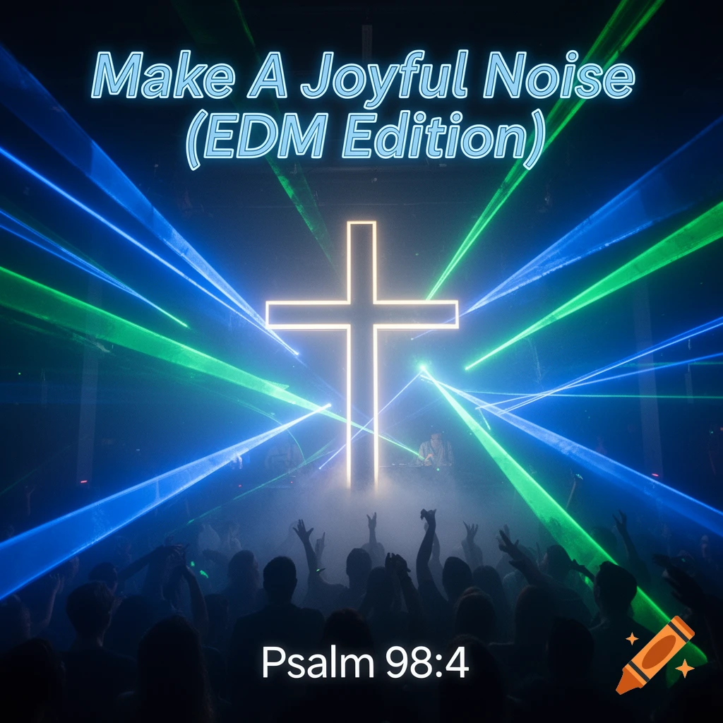 Neon cross glowing amidst blue and green lasers at a foggy EDM concert, with a silhouetted crowd and text 'Make A Joyful Noise (EDM Edition)', 'Psalm 98:4'.