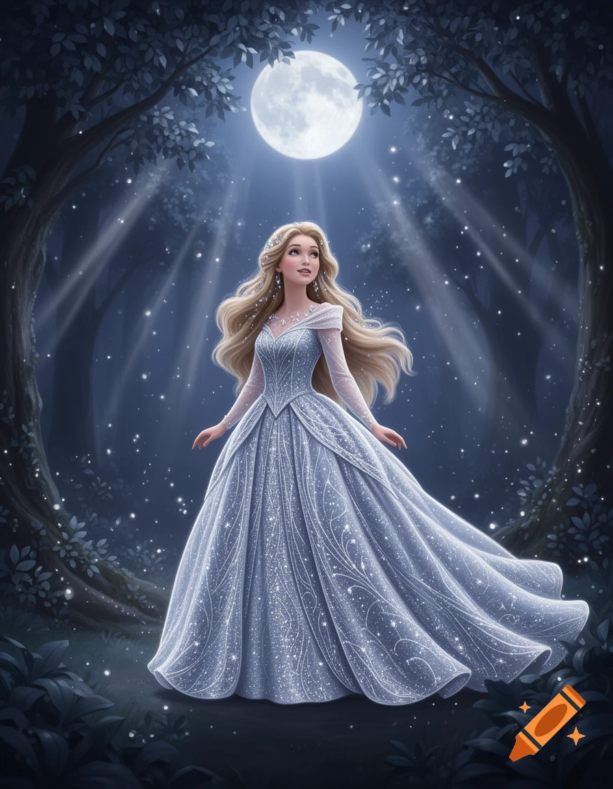 A blonde princess in a sparkling silver-blue gown stands in an enchanted forest under a bright full moon, with glowing particles.