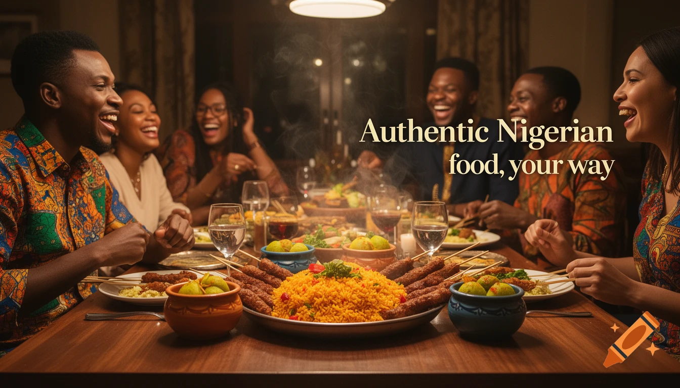 A diverse group of friends laughing around a table laden with steaming Nigerian food. Text reads, 'Authentic Nigerian food, your way.' Photorealistic.