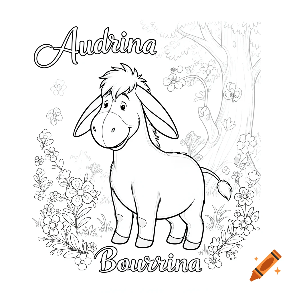 A black and white coloring page featuring a smiling cartoon donkey surrounded by flowers and a tree. The name "Audrina" is at the top, and "Bourrina" is at the bottom.