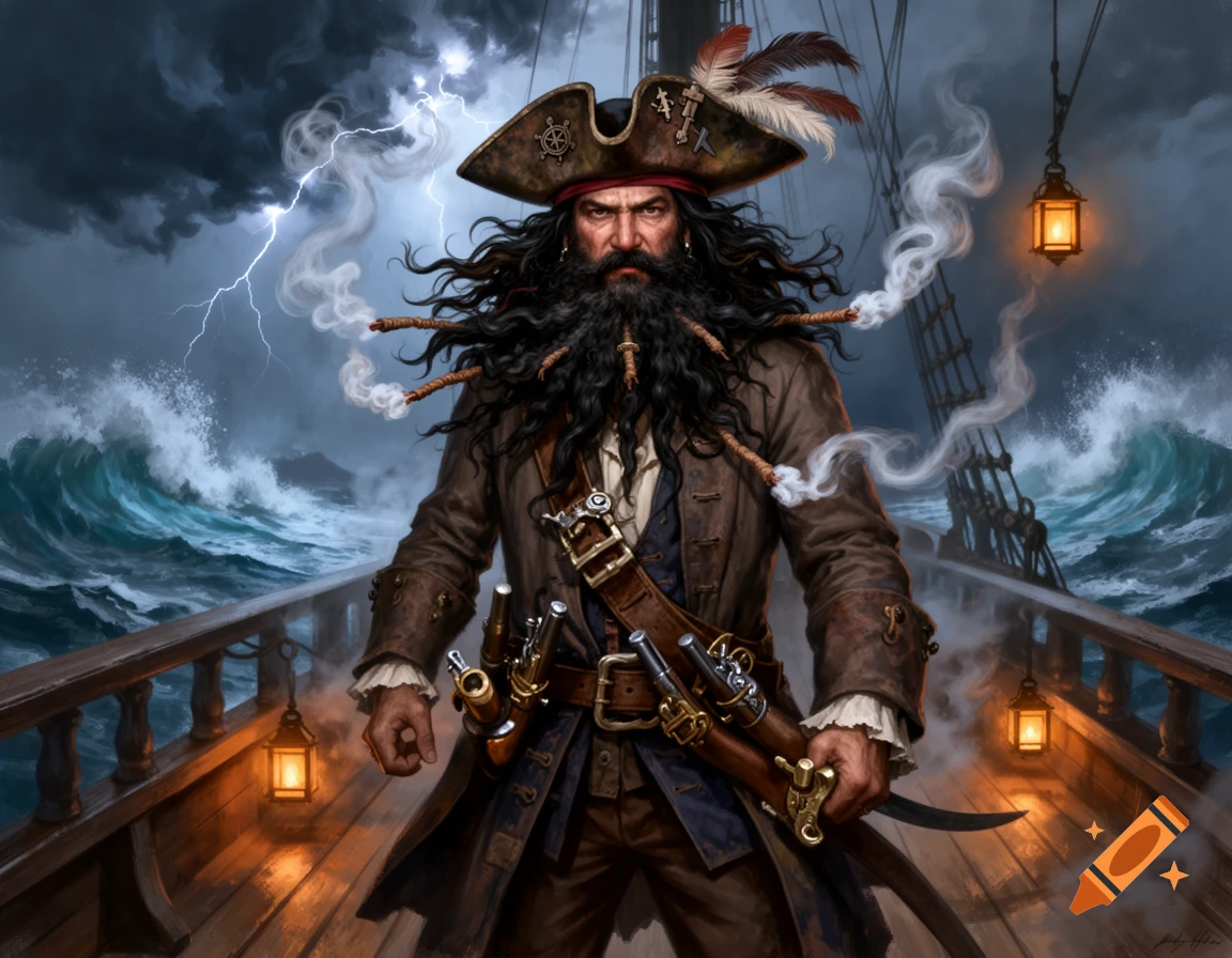 A fierce Blackbeard pirate with a long dark beard and burning fuses stands on a ship deck during a stormy night with lightning.