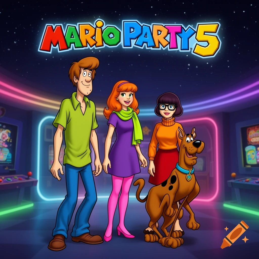 Shaggy, Daphne, Velma, and Scooby-Doo stand in a neon-lit arcade beneath a Mario Party 5 logo, in a cartoon style.