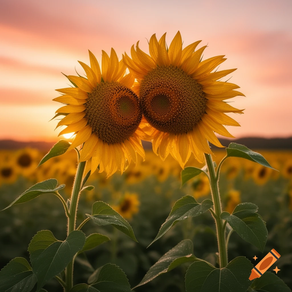 Two sunflowers stand close in a field during a golden sunset, dewdrops on their leaves.
