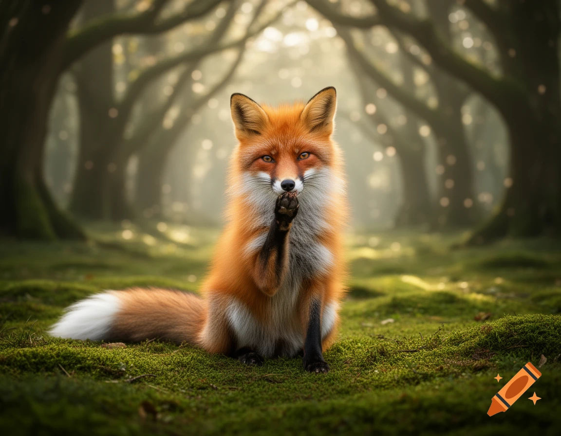 A photorealistic fox sits on a mossy forest floor, holding a paw to its mouth in a shushing gesture amidst a foggy, sunlit forest.