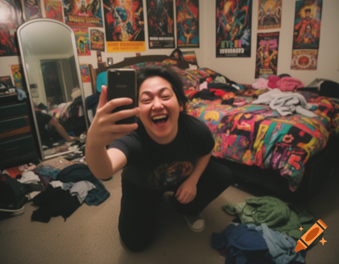 A person smiling widely while taking a selfie in a messy bedroom filled with posters, low quality.