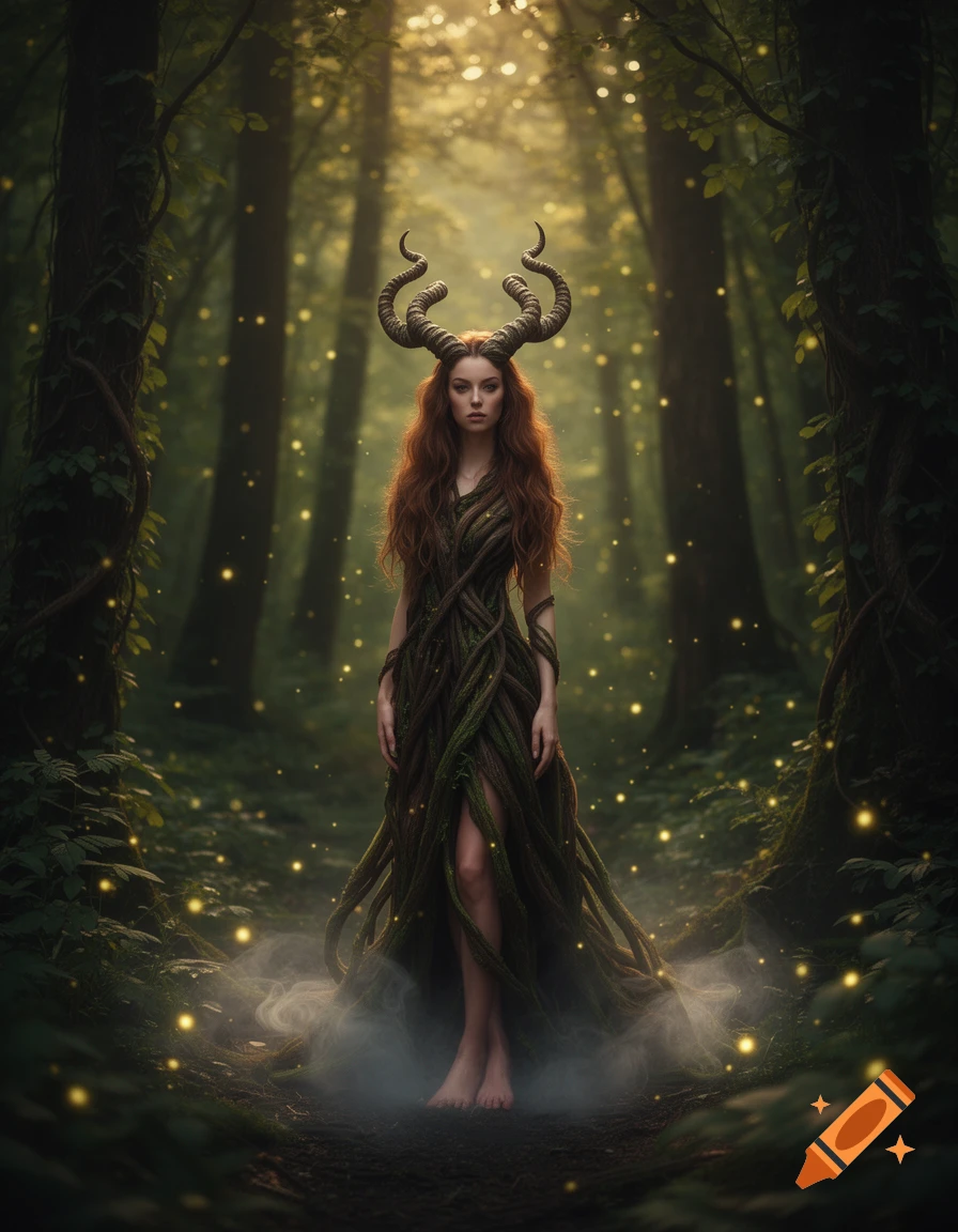 A red-haired woman with large horns, dressed in a gown of vines, stands barefoot in a mystical, glowing forest.