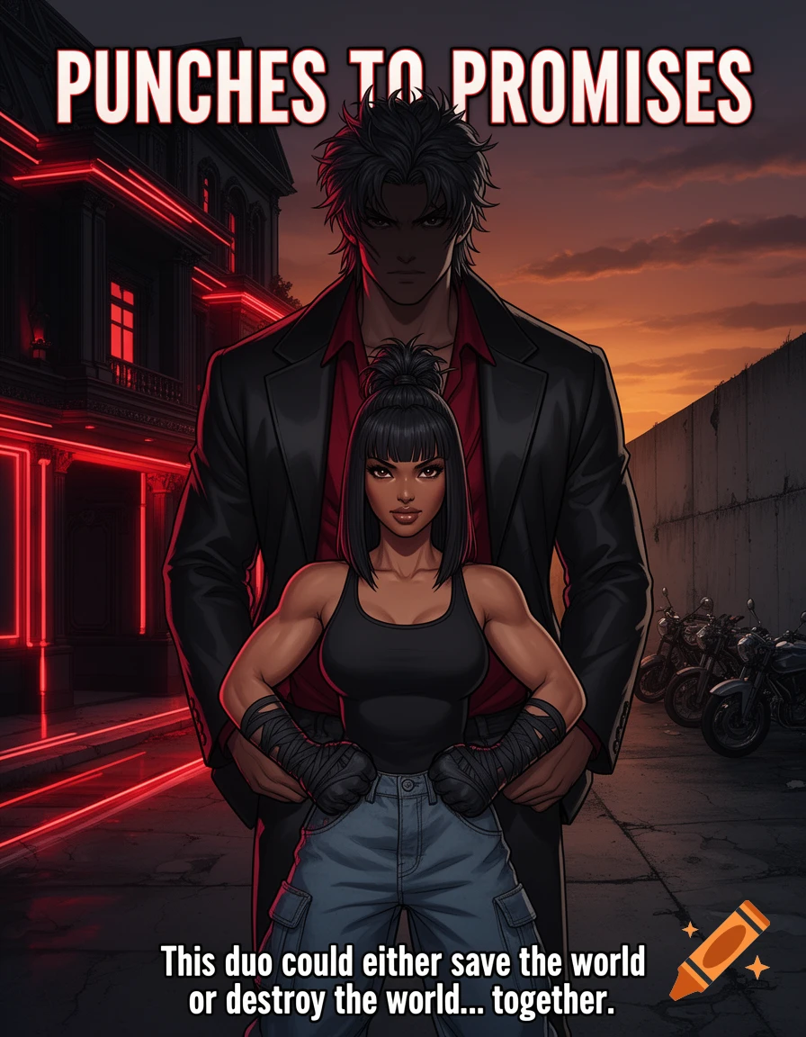 Webtoon style graphic novel cover of a muscular Black woman and a man, with a split background of a mansion and motorcycles.