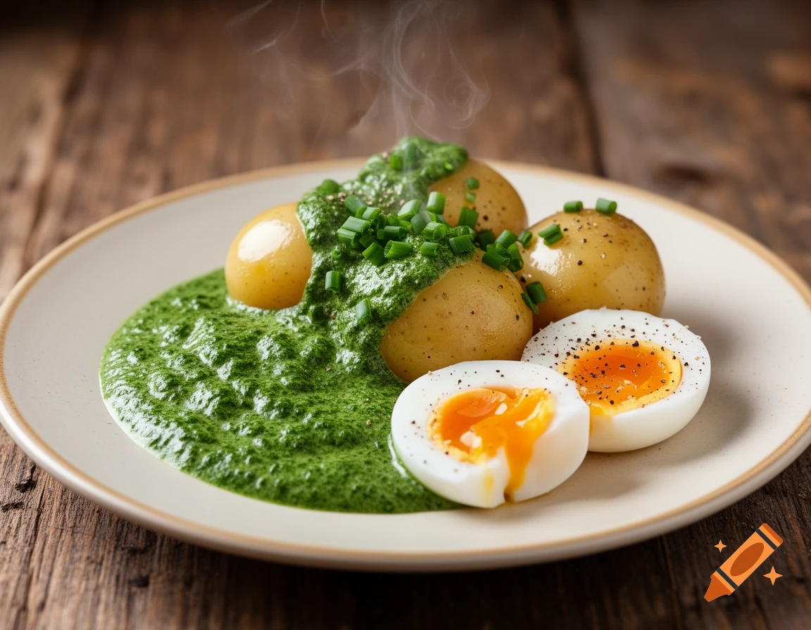 A photorealistic plate of boiled potatoes, vibrant green spinach sauce, and halved eggs with runny yolks on a wooden table.