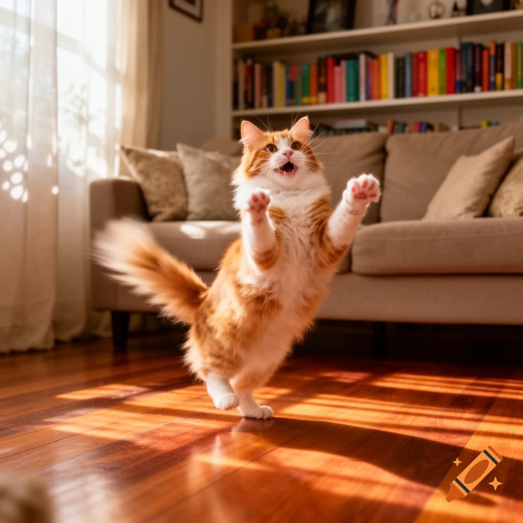 An orange and white cat playfully jumps mid-air with paws raised, mouth open, and tail blurred, in a sunlit room.