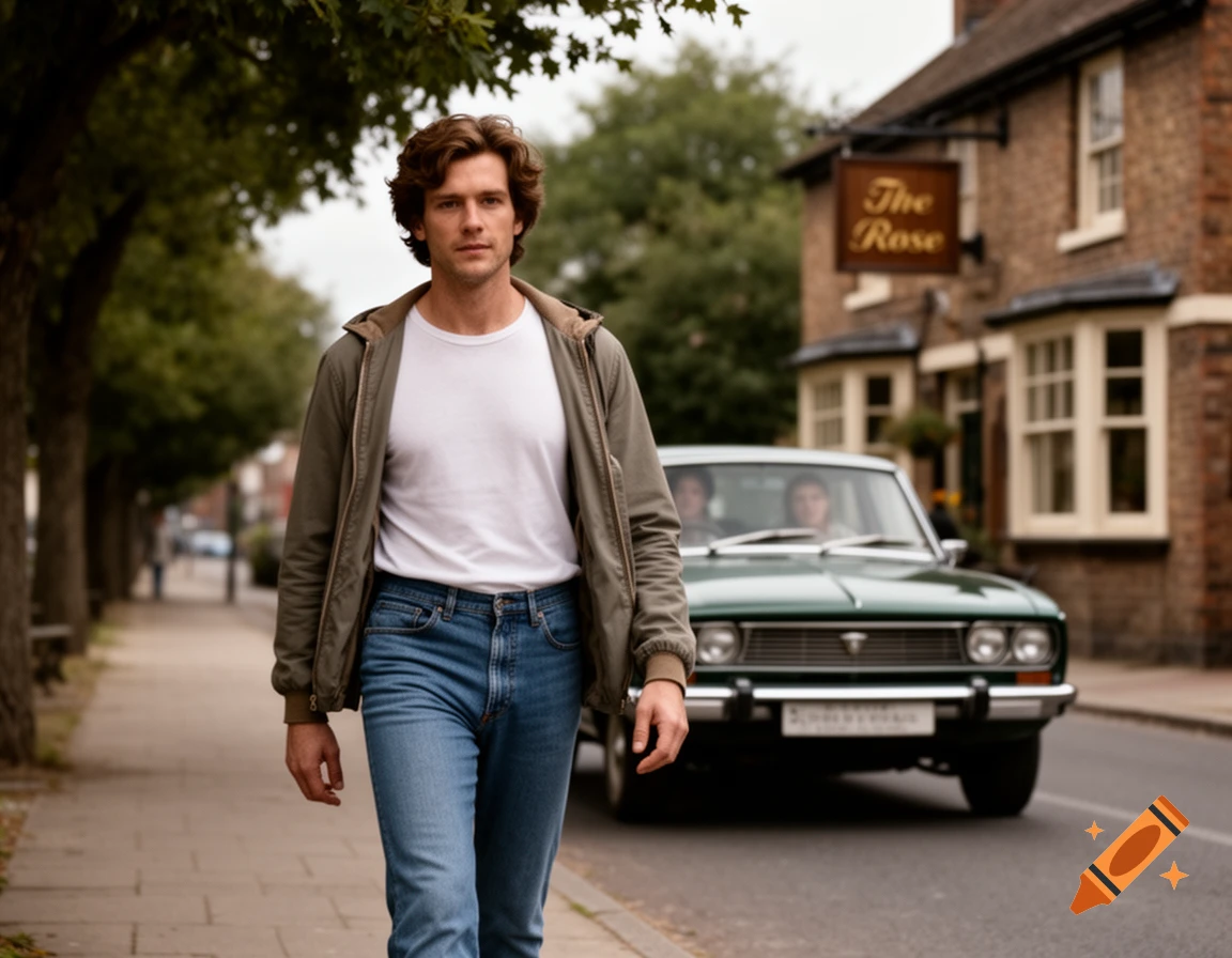 A man with wavy brown hair walks on an English town street, with a green vintage car behind him and 'The Rose' pub in the background.