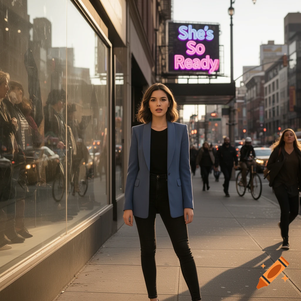 A woman in a blue blazer and black jeans stands on a city sidewalk with a neon sign above that reads "She's So Ready".