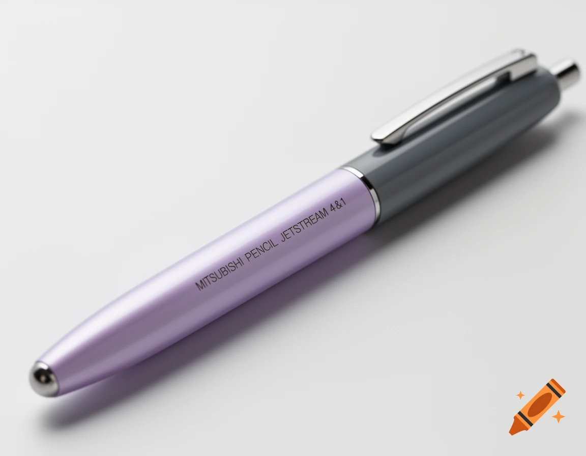A close-up photorealistic shot of a lavender and slate-gray Mitsubishi Pencil Jetstream 4&1 pen.