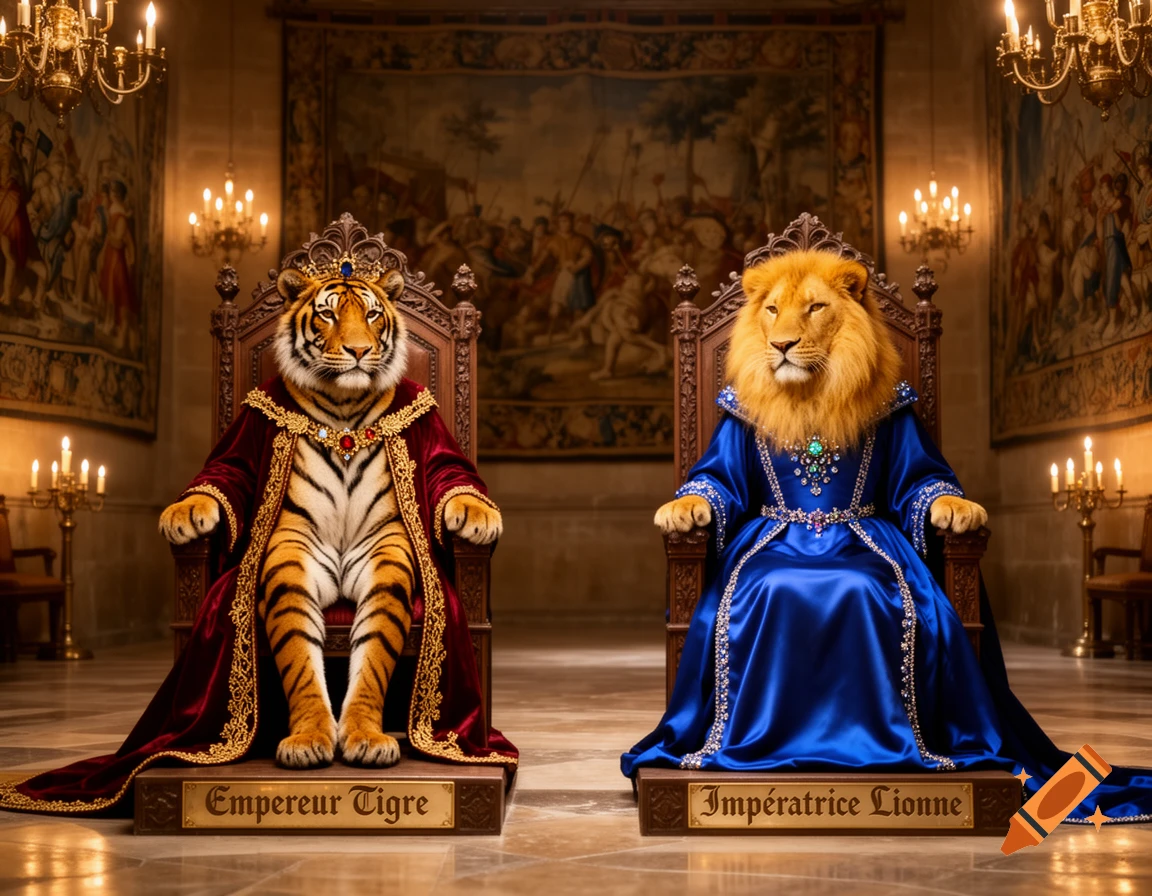 Tiger emperor in red robes and lioness empress in blue robes on ornate thrones in a grand, medieval throne room.
