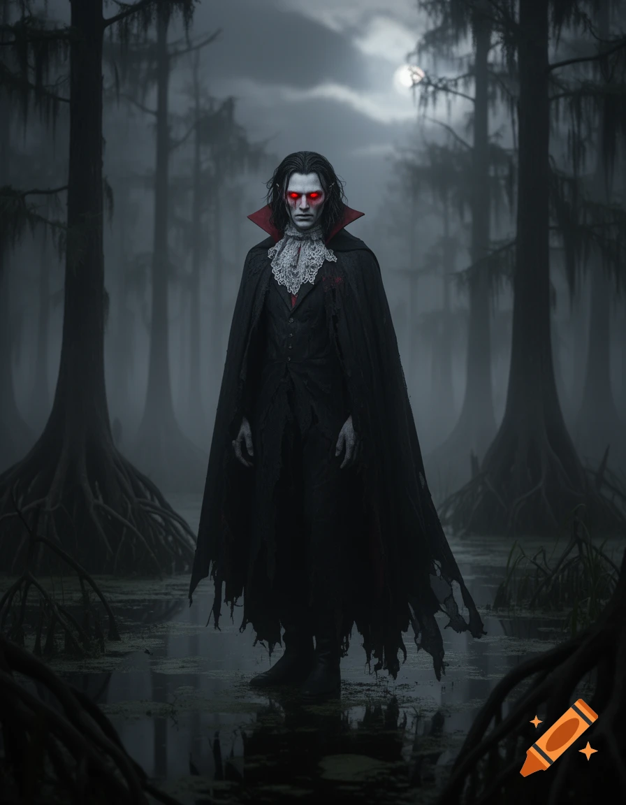 A pale vampire with glowing red eyes and a dark cloak stands in a foggy, moonlit swamp with gnarled trees.