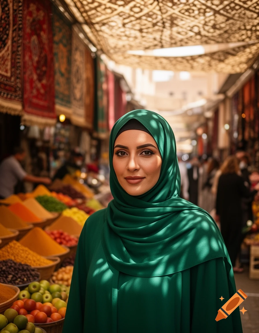 A woman in a green hijab and abaya stands smiling in a bustling market filled with colorful spices, fruits, and patterned rugs.