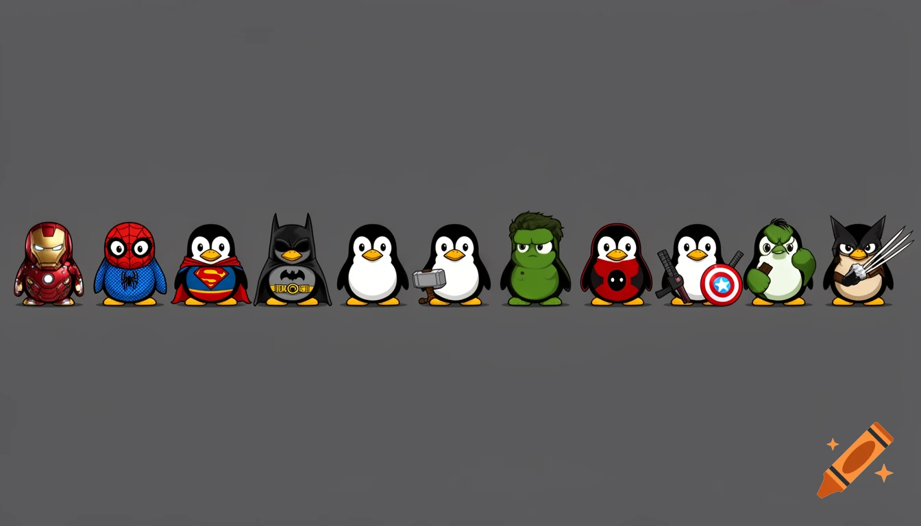 A line of cute cartoon penguins dressed as superheroes including Iron Man, Spider-Man, Superman, Batman, Thor, Hulk, Captain America, Deadpool, and Wolverine, against a solid dark gray background in a vector art style.
