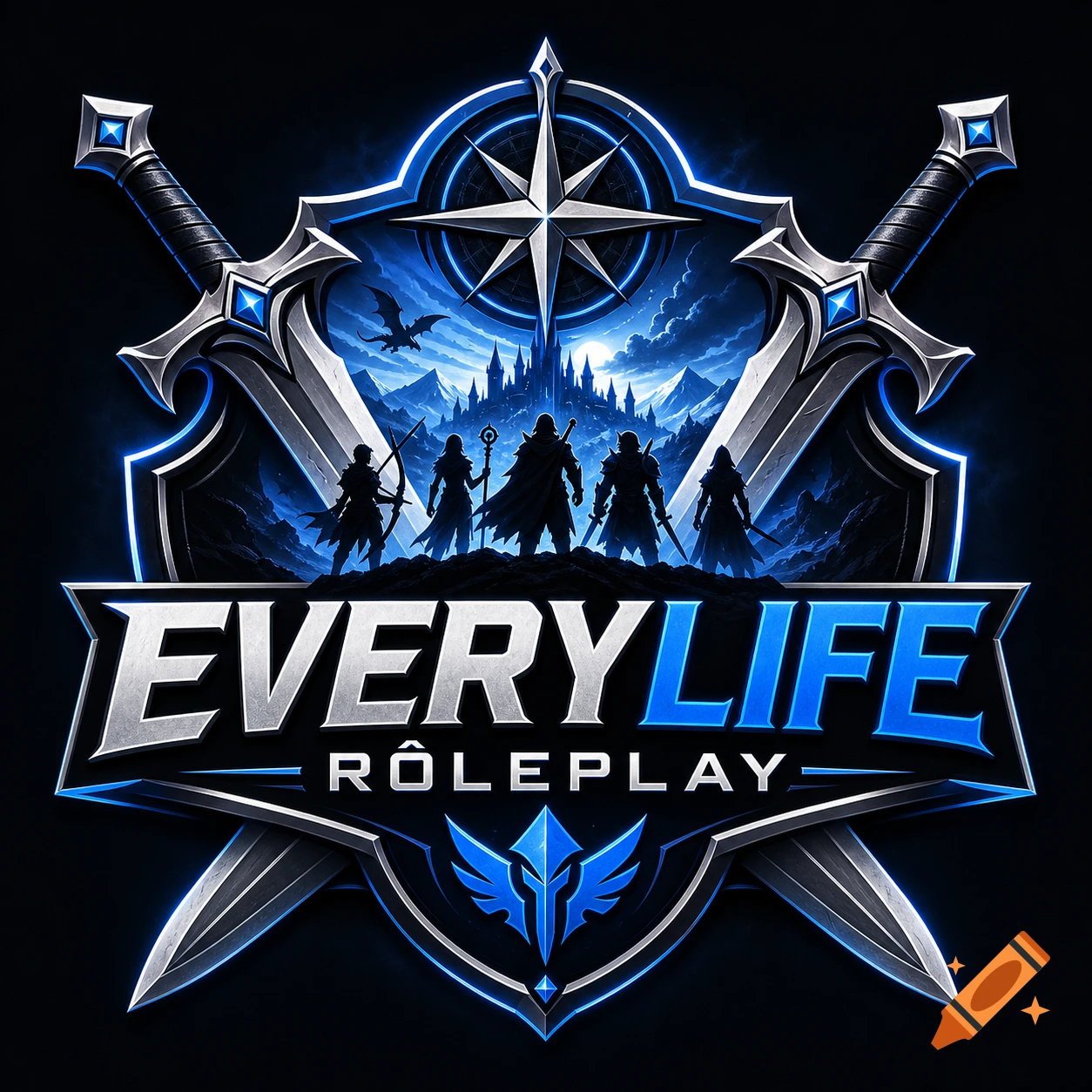 A blue and silver fantasy gaming logo for 'EveryLife RôlePlay' featuring swords, a compass, castle, dragon, and four figures.