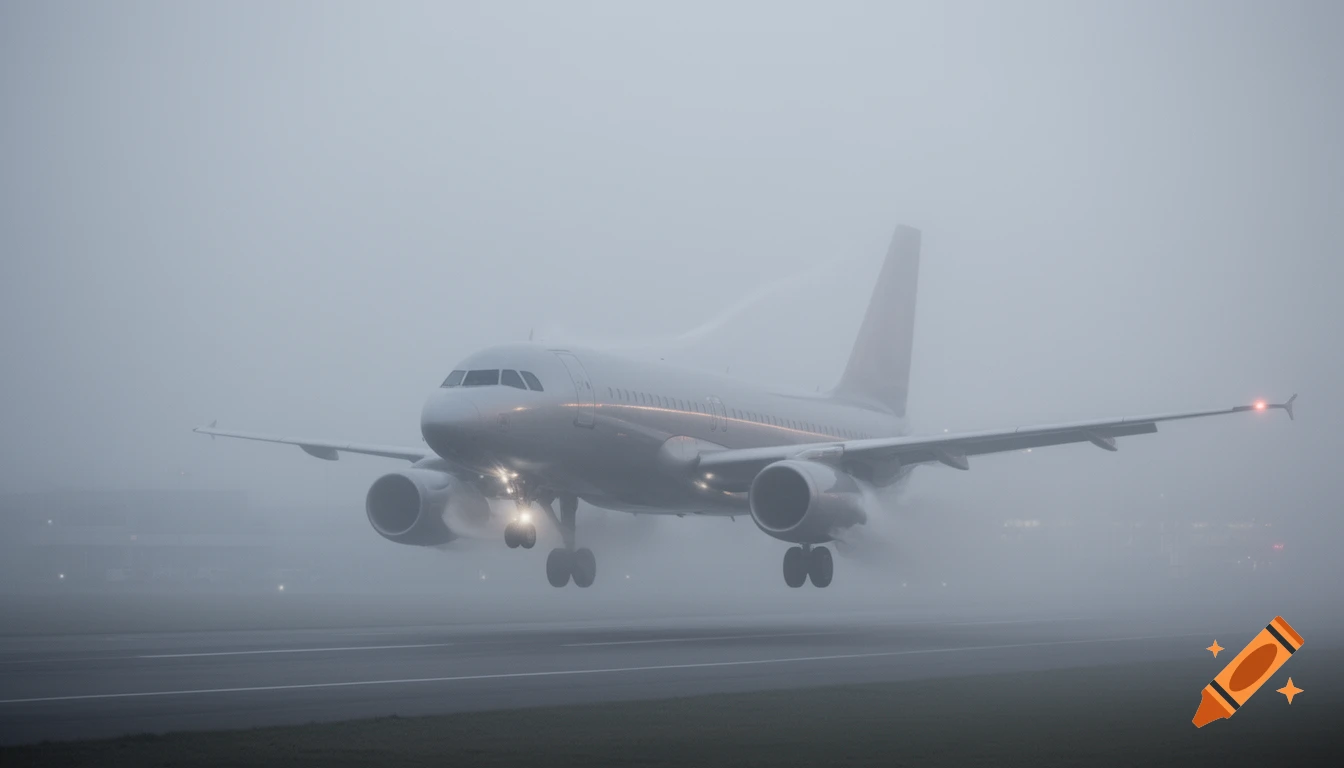 A silver airplane with lights on landing on a runway in dense fog.