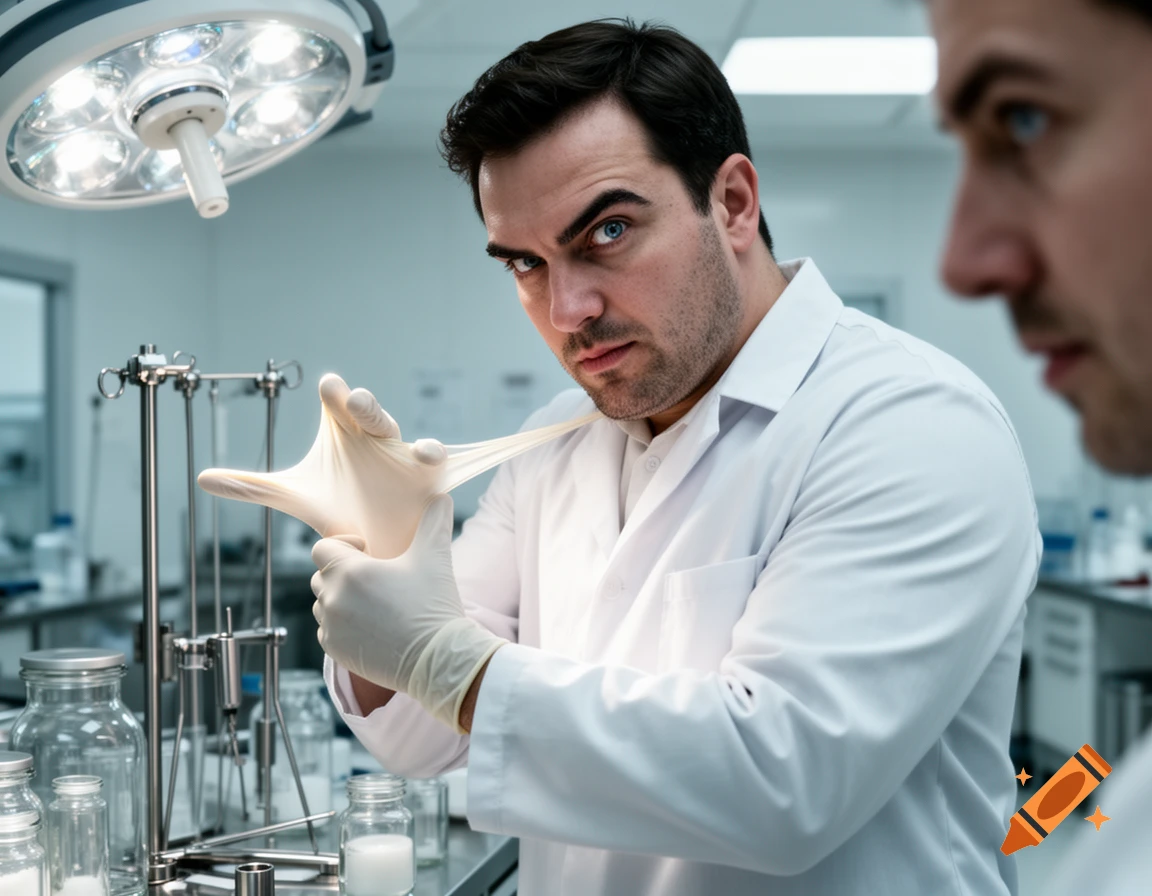 An intense-looking man in a white lab coat stretches a rubber glove in a brightly lit laboratory, with another person partially visible.