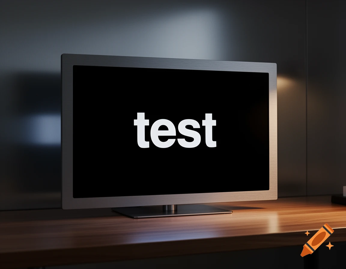 A television screen displaying the word 'test' in white text on a black background, set on a wooden desk in a dimly lit room.