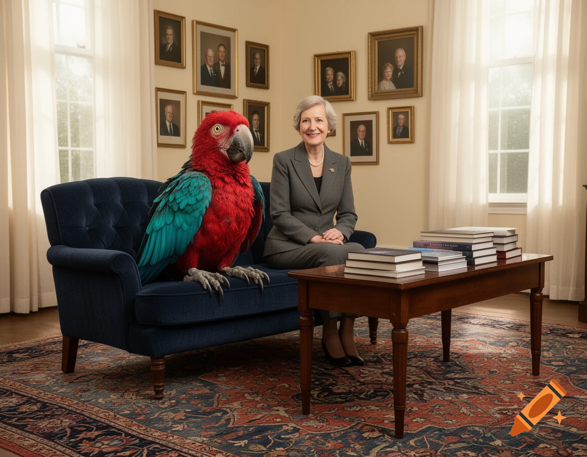 A woman in a grey suit sits on a blue couch next to a large red and blue macaw parrot, in a room with portraits and a coffee table.