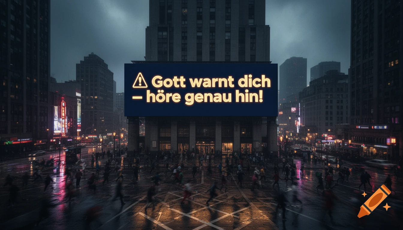 Dark, rainy urban night scene with a large illuminated billboard displaying German text: 'God warns you – listen carefully!'