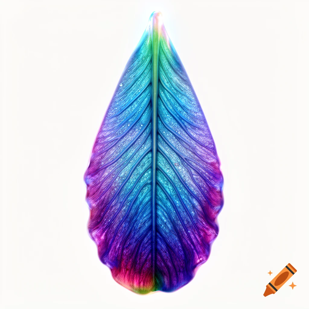 A macro view of an iridescent, teardrop-shaped fantasy flower petal with intricate blue, violet, and magenta venation, on a white background.