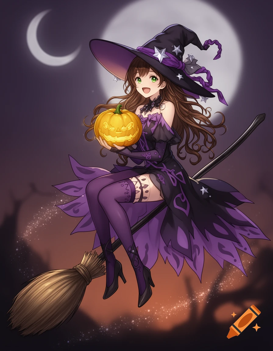 An anime witch with brown hair and green eyes, wearing a purple and black outfit, sits on a broom holding a glowing pumpkin under a crescent moon.