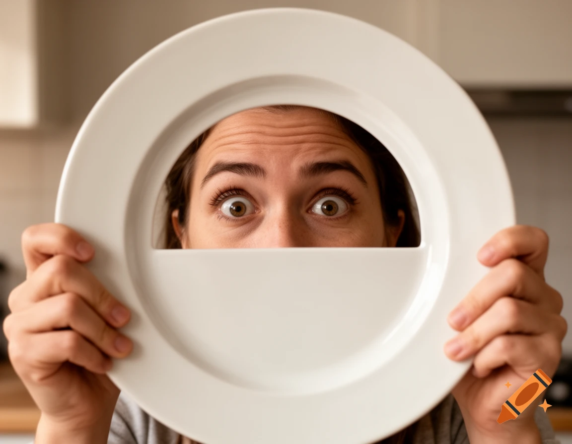 A person with wide, surprised eyes peeks over a large, empty white plate held in their hands.