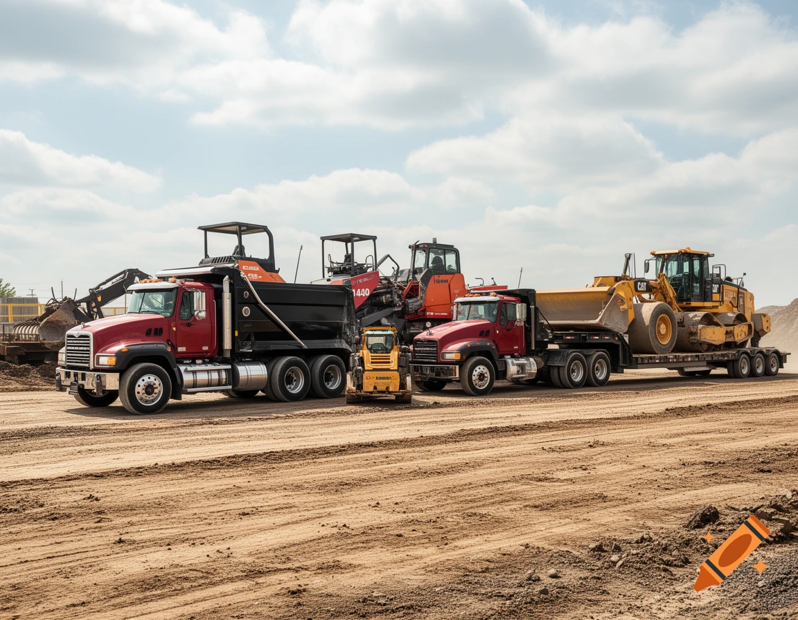 Two red dump trucks and various heavy construction equipment, including a paver and wheel loader, on a dirt site.