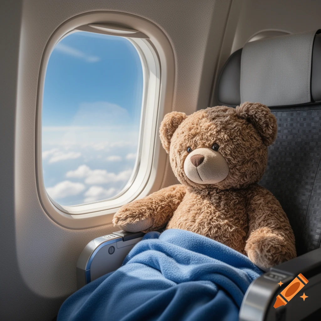 A brown teddy bear sits in an airplane seat by a window, looking at the blue sky and clouds, covered by a blue blanket.