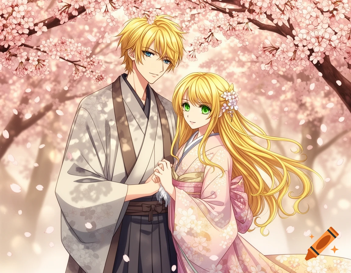 Blonde anime couple in traditional attire holding hands under blooming cherry blossom trees.