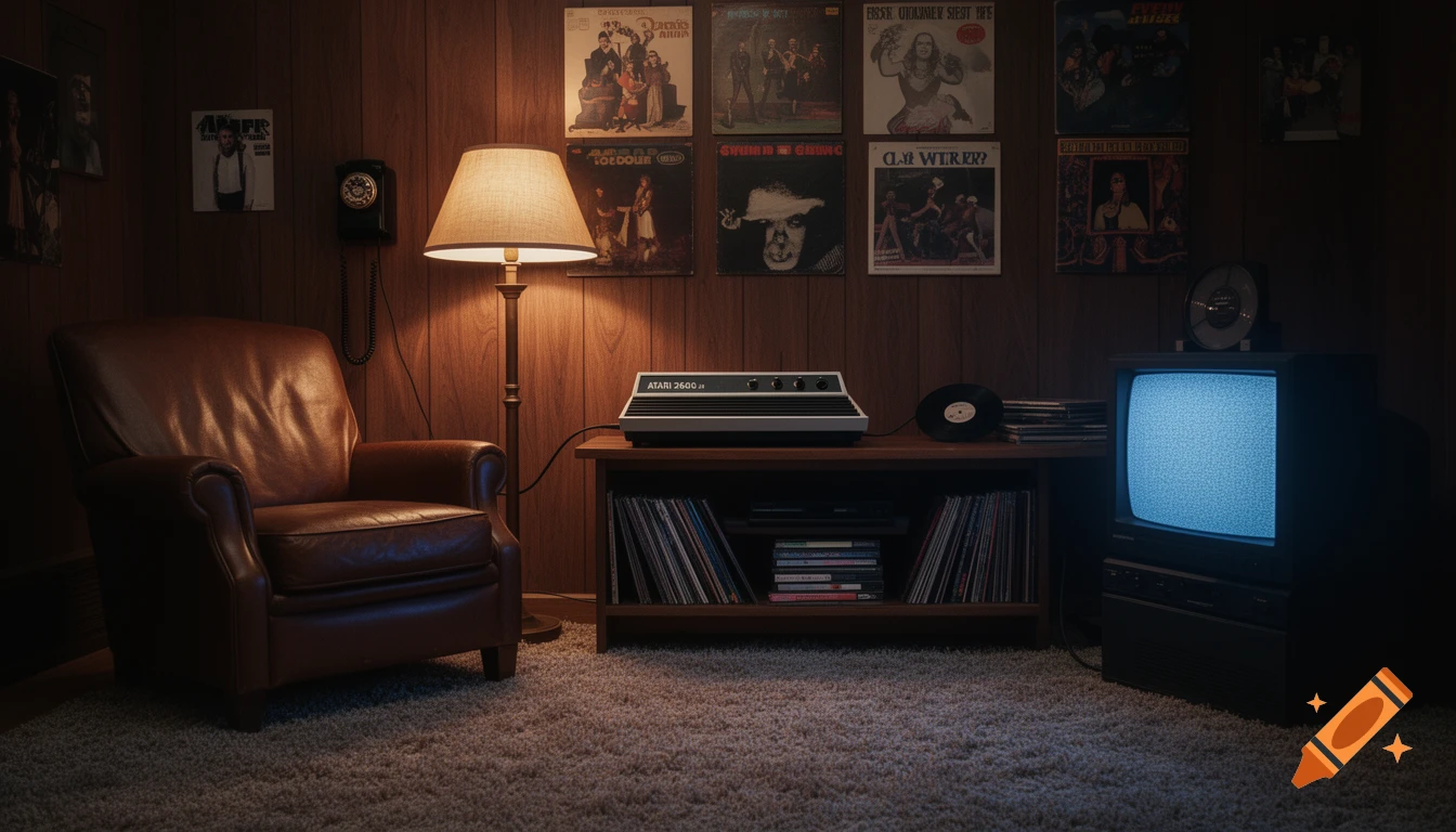 A dimly lit retro living room with wood paneling, an Atari 2600 Jr, an armchair, TV, and record albums on the wall.
