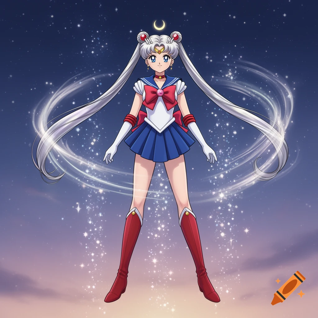 Sailor Moon in her signature white and blue uniform, standing against a starry purple-blue night sky with magical effects.