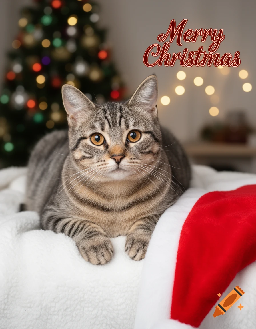 A tabby cat rests on a white blanket next to a red Santa hat, with a blurred Christmas tree and lights in the background. 'Merry Christmas' text is overlaid.