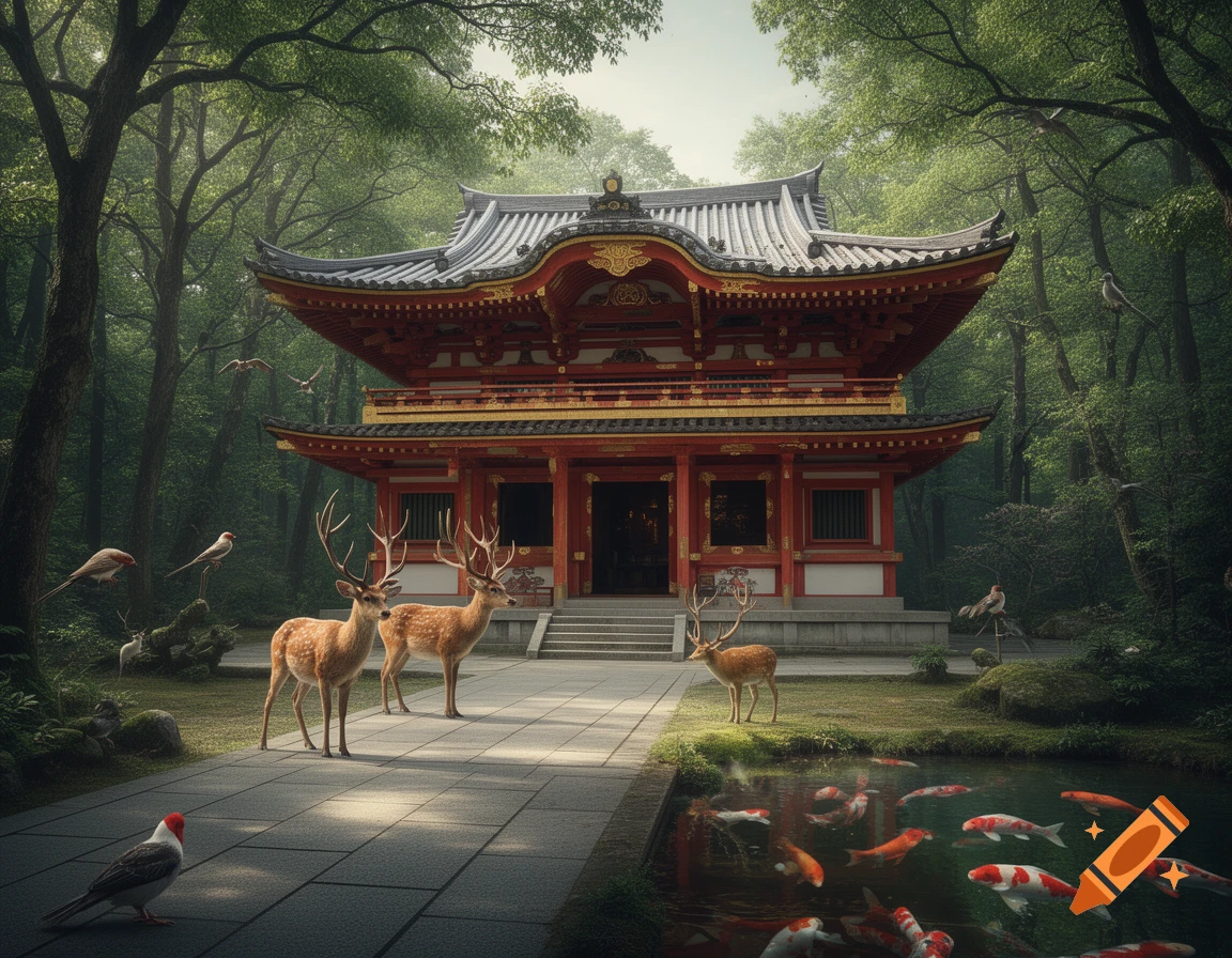 A red and gold Japanese temple in a lush forest with deer, birds, and koi fish in a pond.