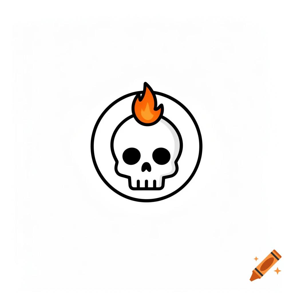 A cartoon skull with a small orange flame on its head, enclosed within a black circle, depicted in a flat vector style on a white background.