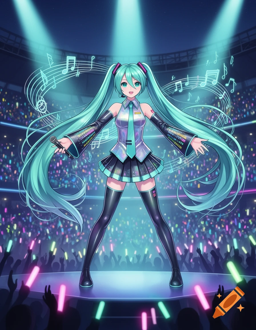 Hatsune Miku performs on a stage, surrounded by musical notes and a cheering audience with glowing light sticks, in an anime style.