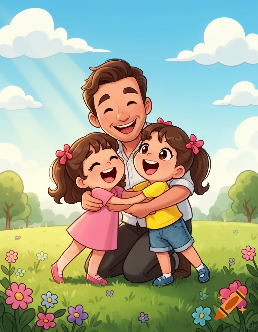 A cartoon dad kneels, happily hugging his two smiling daughters in a sunny park filled with colorful flowers.