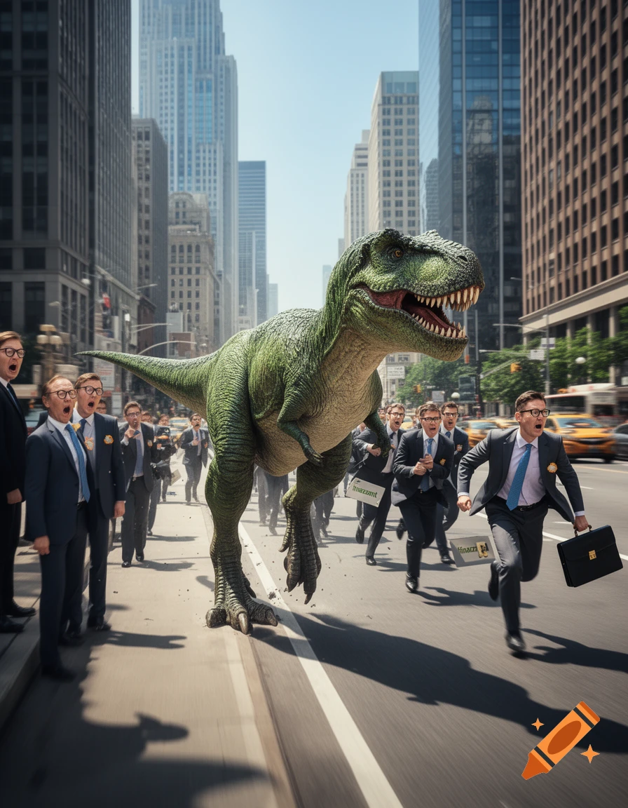 A large green Tyrannosaurus Rex runs through a bustling city street, while businessmen in suits run away in fear, some holding briefcases.