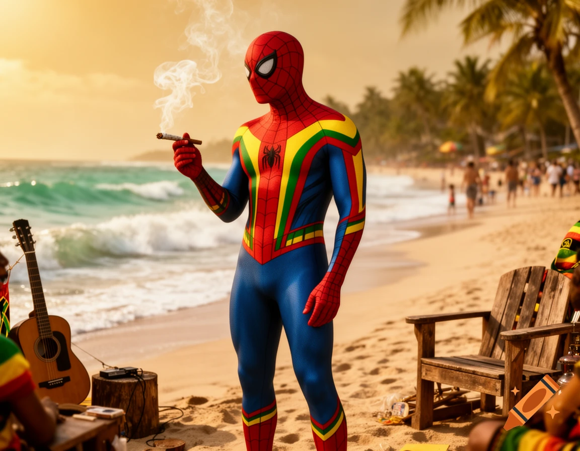 Photorealistic image of Spider-Man in a reggae-themed suit holding a smoking cigar on a sunny beach with ocean and palm trees.