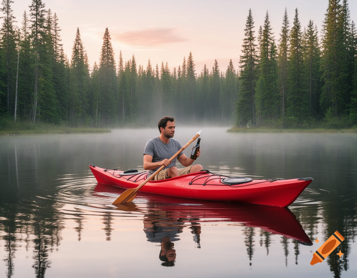 A man paddles a red kayak on a misty lake, holding a bottle, surrounded by a pine forest at sunset.