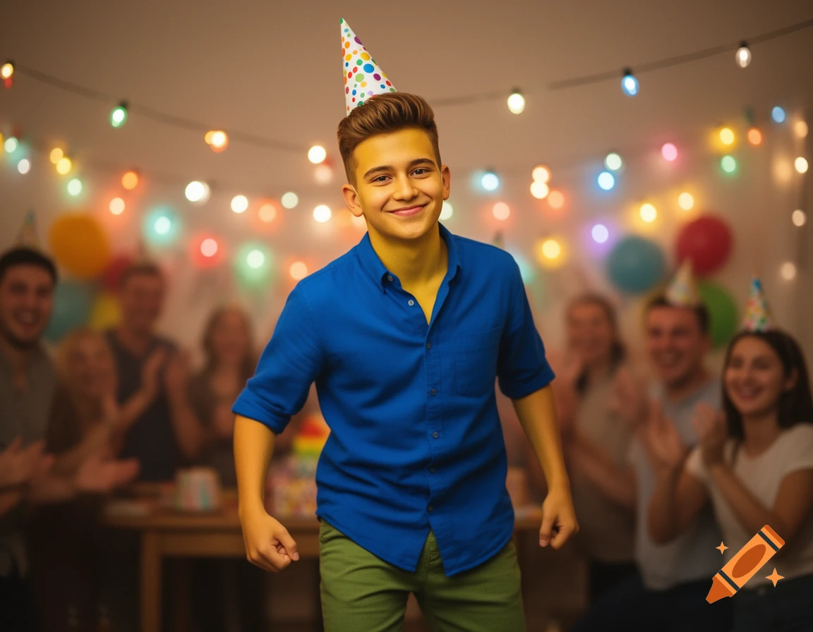 A smiling young man with a yellow tint to his skin wears a blue shirt, green pants, and a party hat at a birthday celebration.