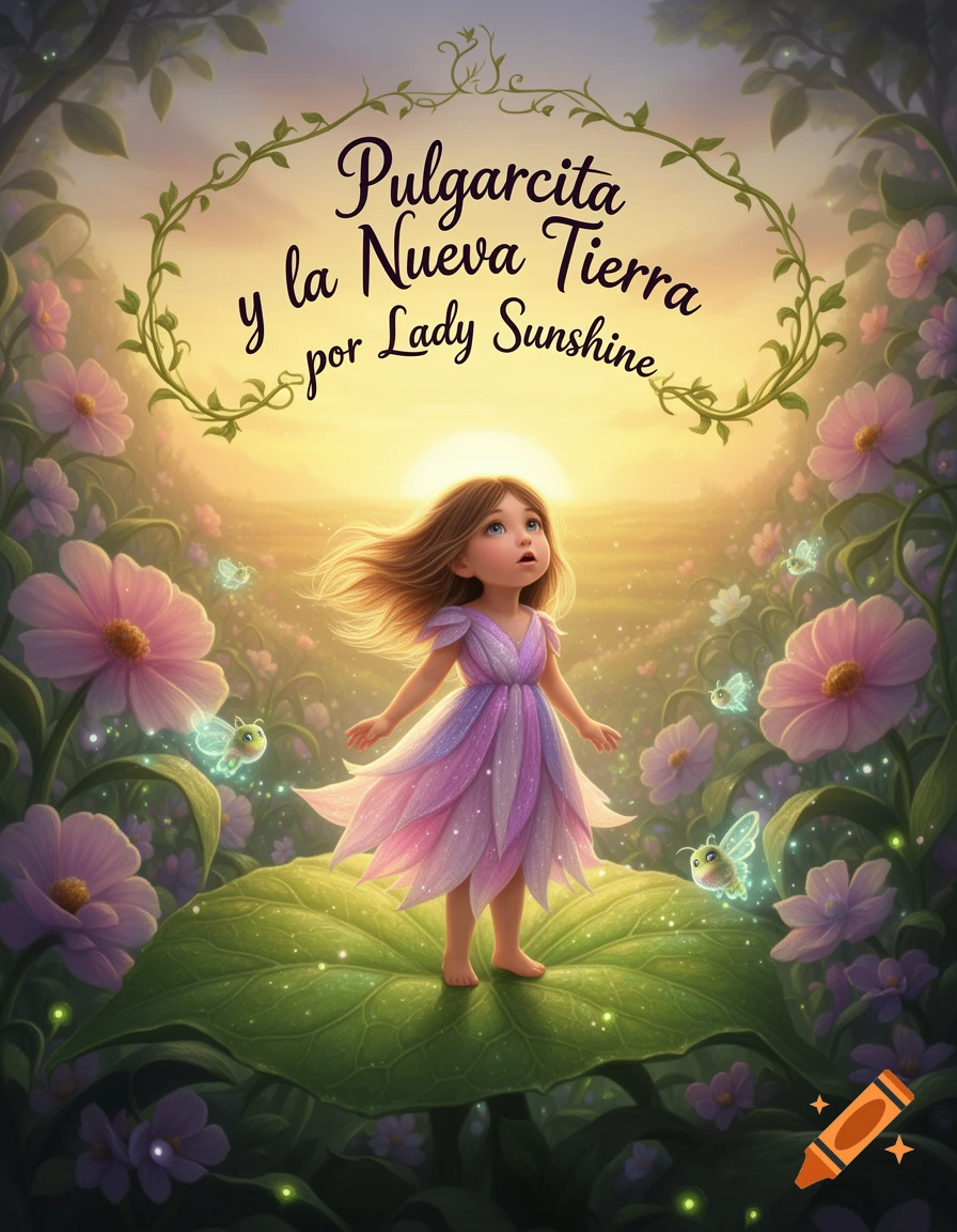 A little girl in a pink petal dress stands on a large green leaf, surrounded by glowing insects and flowers, under a sunset sky. The title "Pulgarcita y la Nueva Tierra por Lady Sunshine" is above.