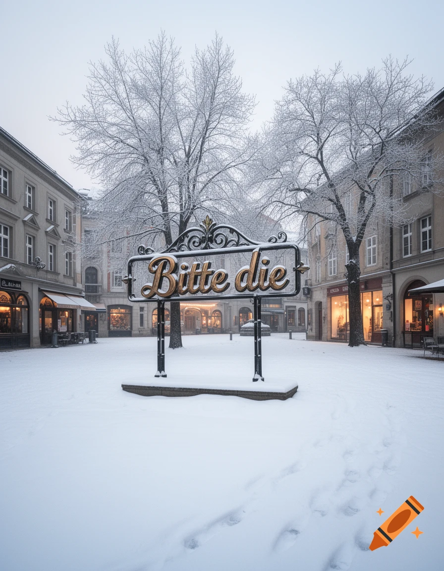 A snowy town square features a prominent sign reading 'Bitte die' in ornate gold letters, surrounded by frosted trees and buildings.