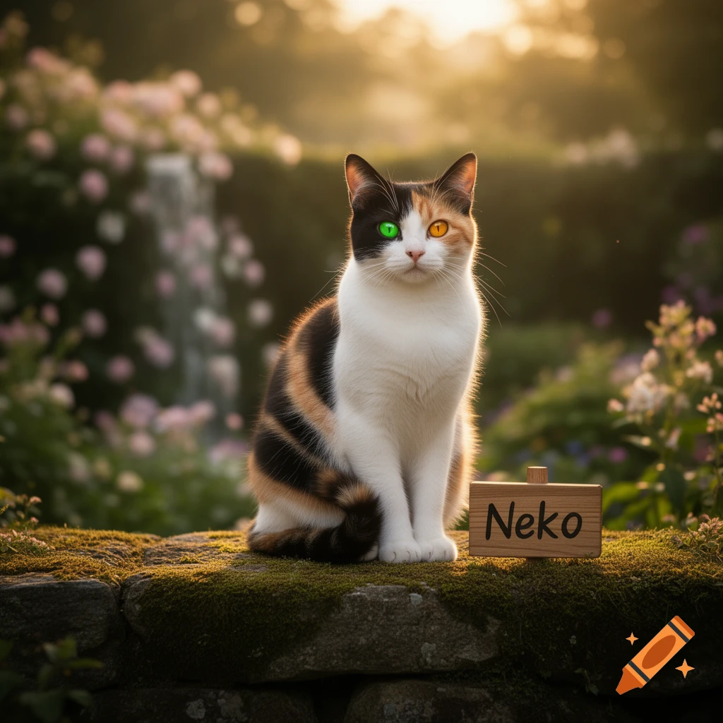 A calico cat with one green and one orange eye sits on a mossy stone wall in a sunny garden, next to a wooden sign reading "Neko".