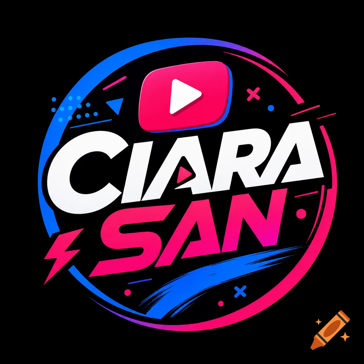 Vibrant blue and pink logo with the text 'CIARA SAN' and a YouTube play button icon in the center, on a black background.