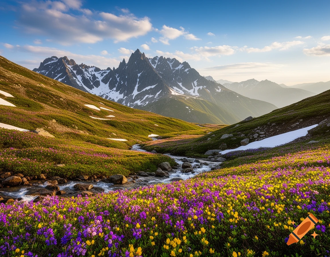 Photorealistic mountain landscape with a river flowing through a meadow of purple and yellow wildflowers and snow-capped peaks.