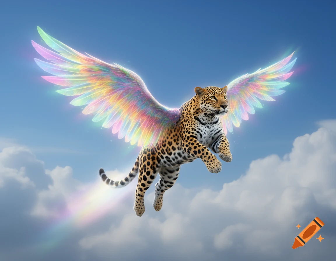 A majestic jaguar with glowing, iridescent rainbow wings soars through a bright blue sky filled with fluffy white clouds, leaving a rainbow trail.